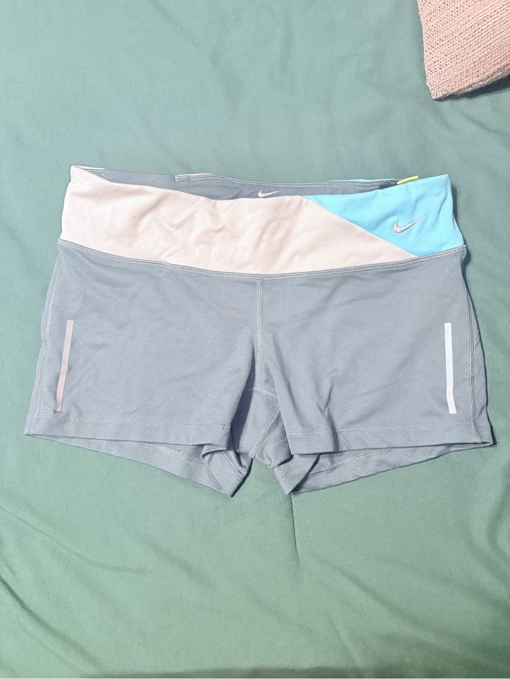 Nike Women's Grey Athletic Spandex Shorts Gray /Light Blue Waistband Dri-Fit